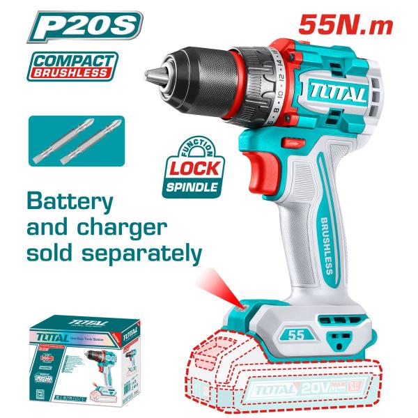 Kompaktni brezkrtačni akumulatorski vrtalnik TOTAL 2000prm/55Nm/P20S
