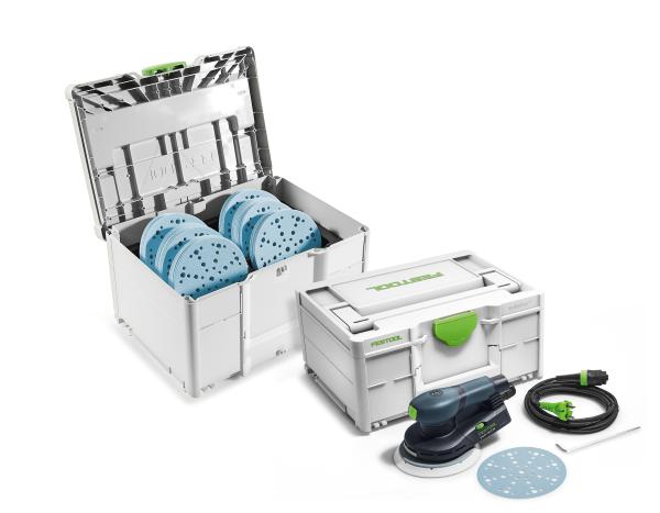 Ekscentrični brusilnik FESTOOL ETS EC 150/3 EQ-SYS GR + set brusnih papirjev v kovčku
