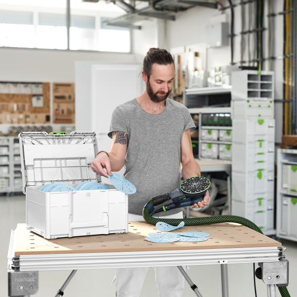 Ekscentrični brusilnik FESTOOL ETS EC 150/3 EQ-SYS GR + set brusnih papirjev v kovčku