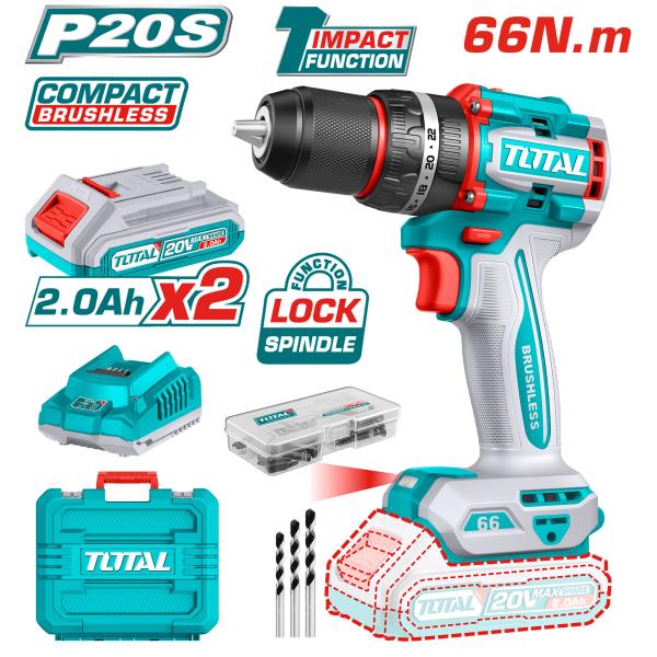 Kompaktni brezkrtačni akumulatorski vrtalnik TOTAL 2000prm/66Nm/P20S Set