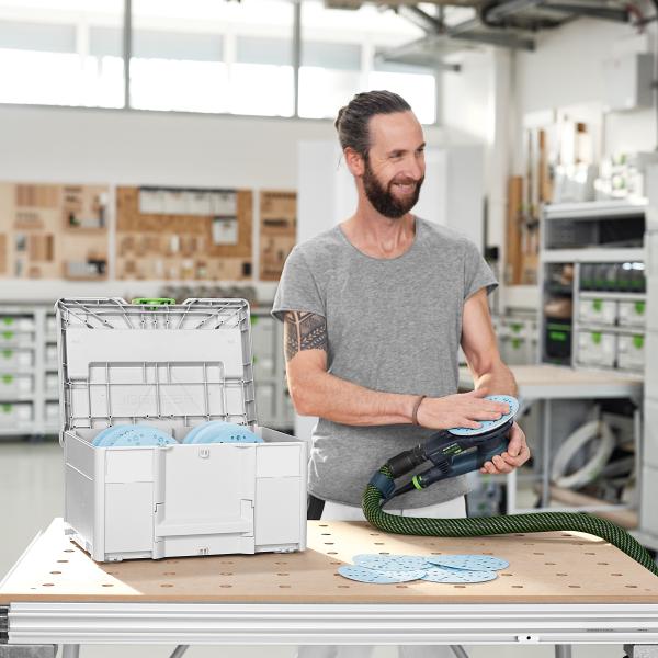 Ekscentrični brusilnik FESTOOL ETS EC 150/3 EQ-SYS GR + set brusnih papirjev v kovčku