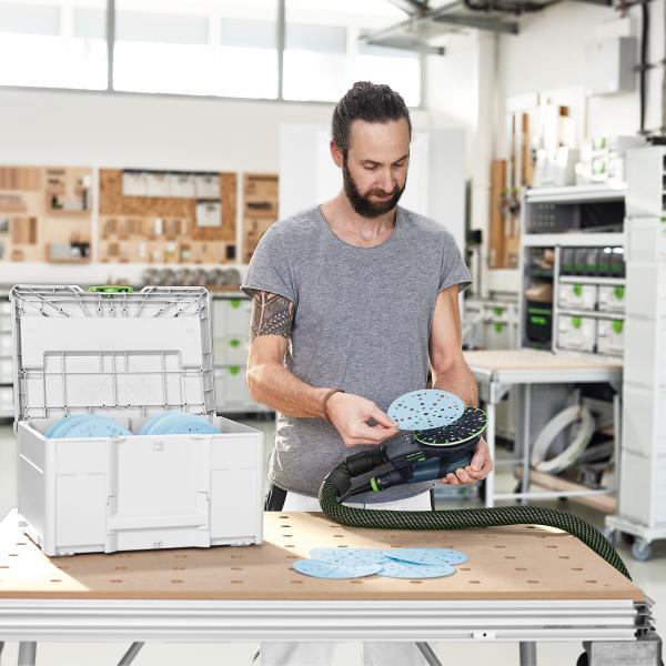 Ekscentrični brusilnik FESTOOL ETS EC 150/3 EQ-SYS GR + set brusnih papirjev v kovčku